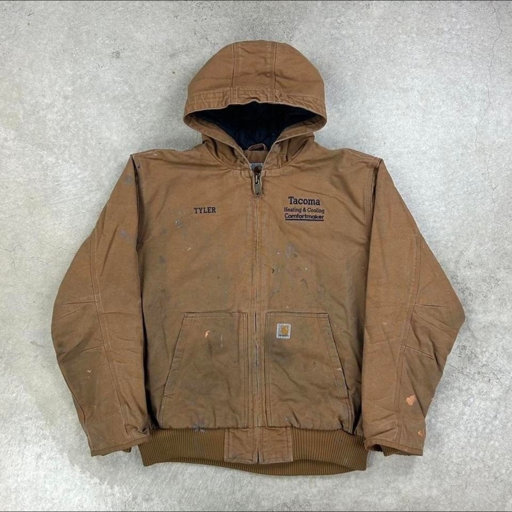 Vintage Carhartt Hooded‎ Jacket Siz XL Tan Quilt Lined Canvas Coat Full Zip